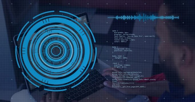 Two devs typing tapping tablet, updating code and pulsing waveform under left sheer HUD for collab