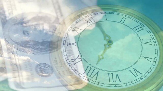 Large clock face appearing over sky, brass hands rotating while banknotes drift, showing money flow