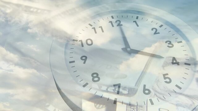 On play, analog clock advancing hands while bills shifting and clouds drifting to show money flow