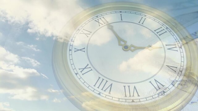 Crossfading clouds drifting as watch fading bill art emerging and hands rotating showing value