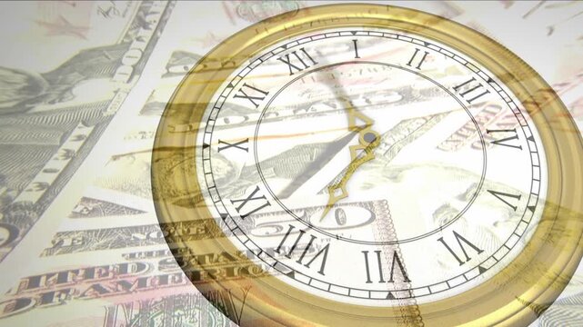Starting with gold clock, hands rotating, dollar bills shifting, panning zooming, showing money