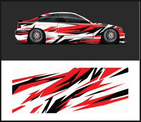 Obraz premium Red black and white car with sporty abstract vehicle decal