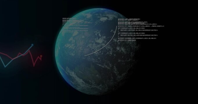 Blue-green planet rotating while neon graph sliding in, HUD panels building orbital telemetry