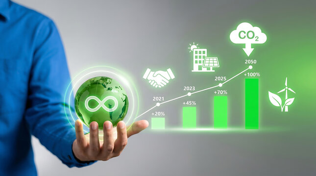 Sustainable future concept a hand holding a glowing earth with green energy indicators