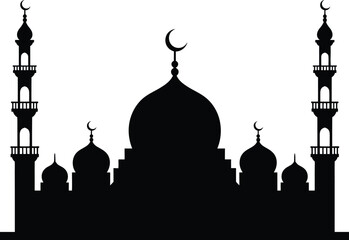 Fototapeta premium Black silhouette mosque with domes and minarets against white background