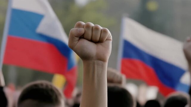 Modern Protest Scene with Raised Fist and French Flags in Crowd