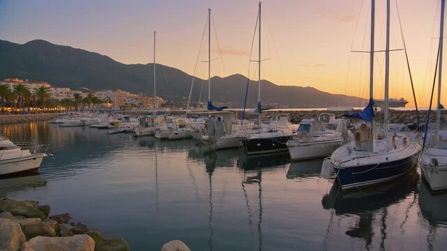 Boats Docked at the Porto Banus Harbor During Sunset. Marbella, Spain.