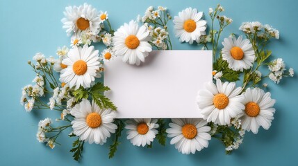 Fototapeta premium Beautiful Flat Lay Arrangement of Daisies and Wildflowers Surrounding a Blank Card on a Soft Blue Background Ideal for Invitations, Announcements, or Creative Projects