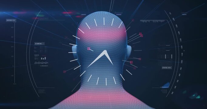 Rotating HUD initiating sweep, 3D head turning, pointer sweeping nodes outward for biometric scan
