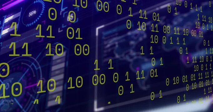 On play, binary digits scrolling across dashboard, revealing map and gauges, conveying analytics
