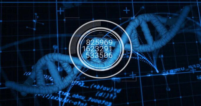 HUD appearing over blue DNA helix reticle scanning rings rotating numbers cycling for diagnosis