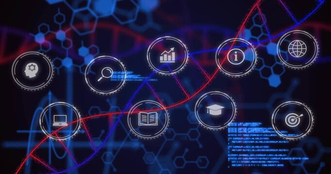 Red DNA helix beginning sweep left, pulling HUD icons into row to show biotech interface