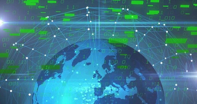 Blue globe staying centered while green bars appearing streaming binary bits showing global net