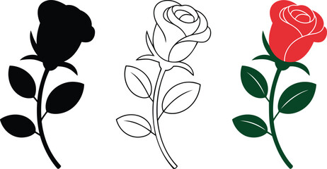 Three stylized roses in black white and red with green leaves in silhouette and line styles flower flowers