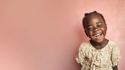 Happy African child portrait. Smiling young black girl. Isolated pastel pink background. Copy space. Banner template. Family, emotional well, smile, diversity, positive lifestyle, expressing emotions.