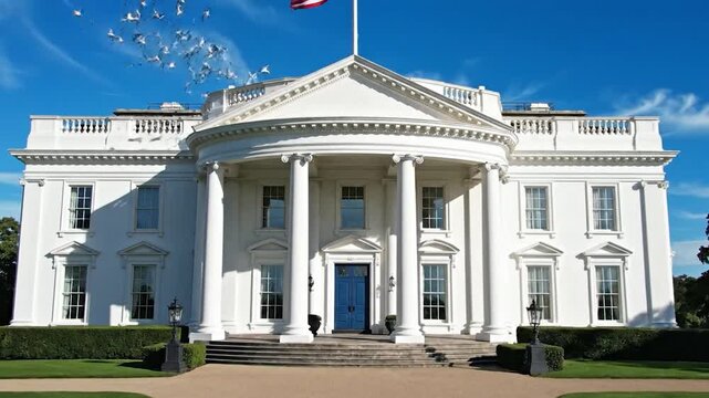 Iconic white building with columns, blue door, and flag flies high under a clear sky