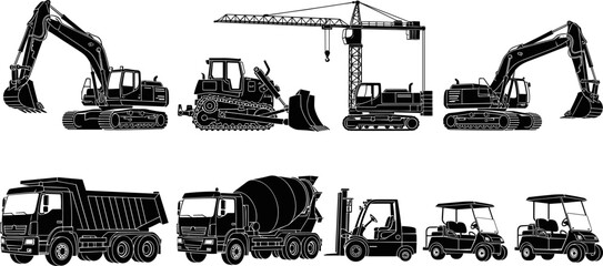 Set of construction vehicles silhouettes including excavator, bulldozer, crane, dump truck, concrete mixer, forklift and utility carts, black vector illustrations isolated on white background © Sarsoti
