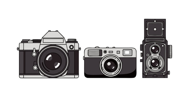 Collection of three vintage film cameras including slr rangefinder and twin lens reflex styles