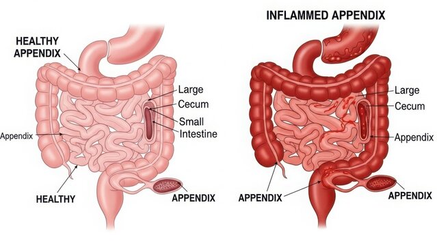 Comparison of healthy and inflamed appendix and large intestine