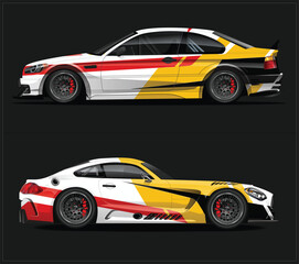 Fototapeta premium Two view of yellow white and red racing car