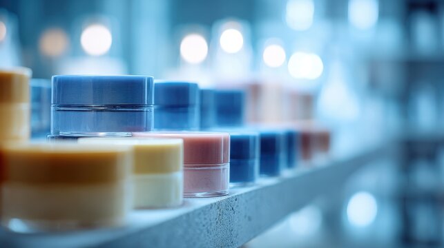 Cosmetics industry cold storage area with samples of organic on blurred background