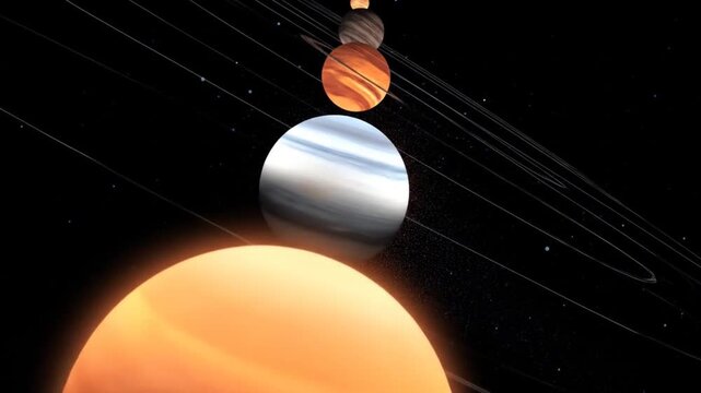 Planetary alignment illustration in space with bright planets and orbital paths