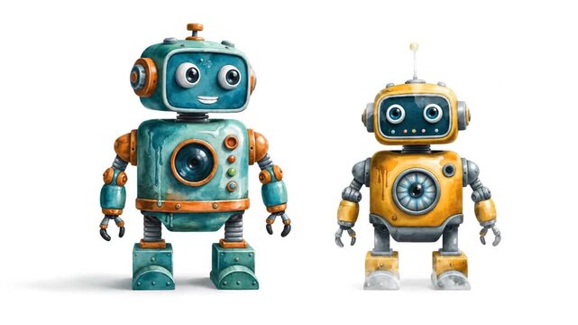 A cute vintage tin robot toy with a blue screen and mechanical metal body stands isolated on white as a retro science fiction character concept