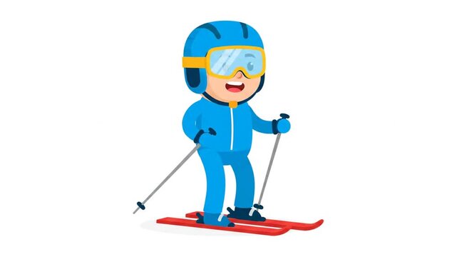 A fun cartoon illustration of a young person in action skiing down a snowy mountain and riding a ski chair during a winter sports activity