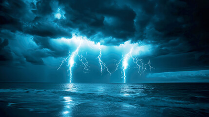 Powerful ocean thunderstorm cataclysm with intense lightning strikes. Ideal background for extreme weather themes, climate change visuals, natural disaster concepts, and dramatic atmospheric designs.