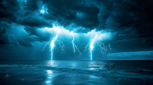 Powerful ocean thunderstorm cataclysm with intense lightning strikes. Ideal background for extreme weather themes, climate change visuals, natural disaster concepts, and dramatic atmospheric designs.