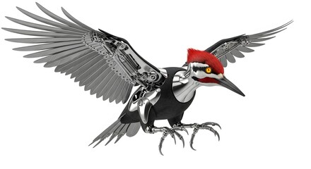 Pileated woodpecker in flight with wings spread isolated on white background