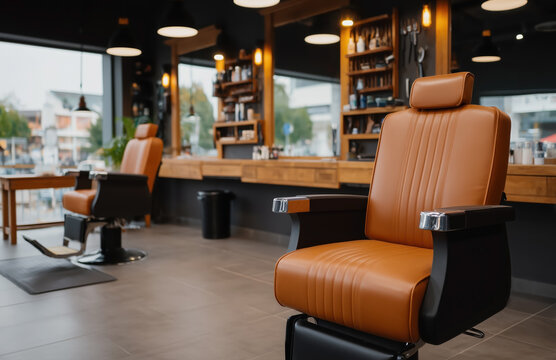 Modern barbershop interior with leather chairs and wood shelves