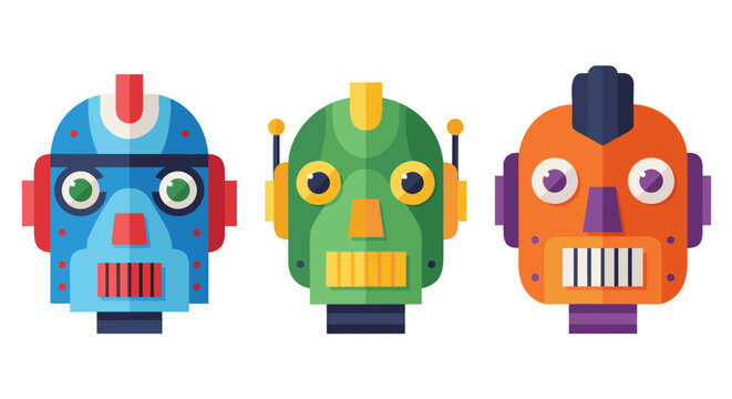 Three colorful retro style robot heads displayed side by side in a flat design vector illustration