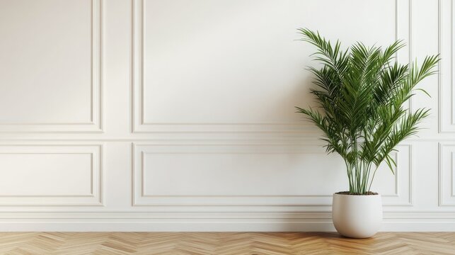 Stylish room interior with a potted green plant, white decorative wall panels, and light wood herringbone floor.