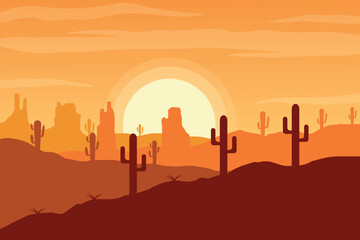 Landscape desert sunset logo with saguaro cacti and rocks suitable for travel, nature and desertthemed projects, backgrounds, and designs.
