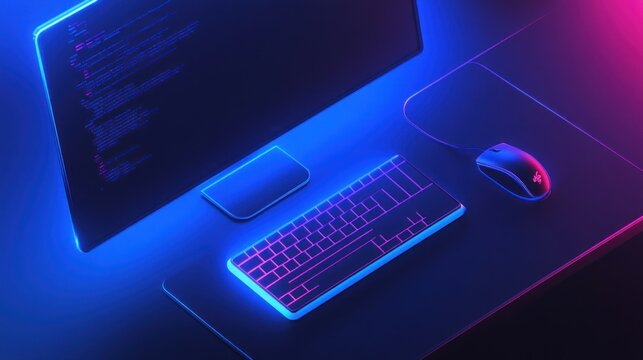 Overhead View of Programmer's Desk with Computer Code on Monitor, Neon Keyboard, and Gaming Mouse