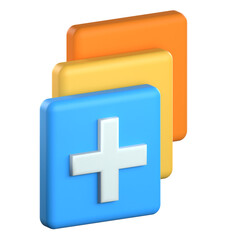 Obraz premium A 3D illustration of multiple colored square layers with a prominent plus symbol in front for adding new layers in a design software