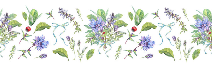 Watercolor seamless border with blue wildflower bellflower and lungwort flower on white background. Hand-drawn spring and summer plant. Rim with bouquet and bow for florist wrapping and wallpaper © NatashaKun