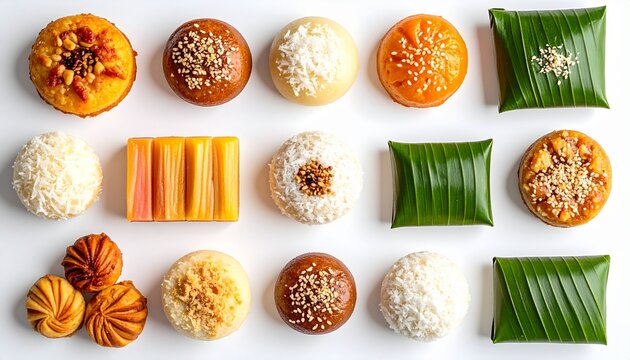 Assortment of Colorful Filipino Kakanin and Thai Style Traditional Rice Desserts with Coconut and Sesame