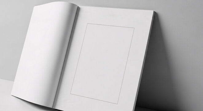 Minimal open magazine mockup with blank page layout in soft studio light