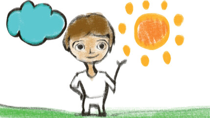 A child's drawing in pastel or crayon of a standing boy or child. Above the character is a cloud and a sun.