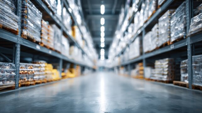 industry cold storage warehouse filled with packaged on blurred background