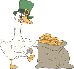 A funny and cute goose illustration celebrating St. Patrick's Day with gold coins.