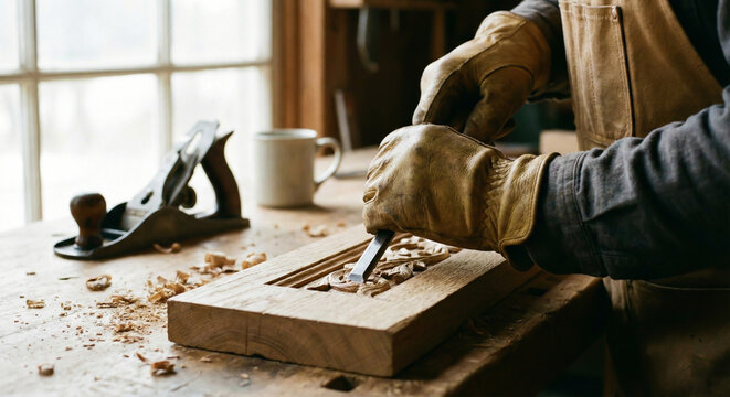 Carpenter working on wooden board in workshop