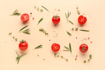 Obraz premium Composition with ripe cherry tomatoes and spices on beige background