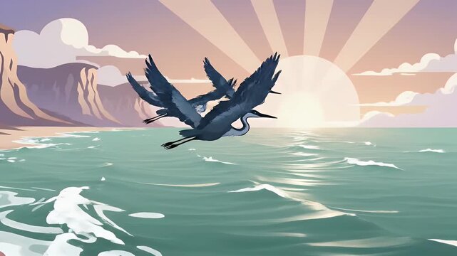 Stylized herons flying above coastal beach during sunset