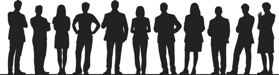 Flat vector silhouettes of diverse business professionals standing in line, corporate team unity, workplace diversity, organizational structure illustration