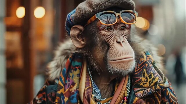A monkey wearing vintage patterned coat colorful scarf 4K Videos