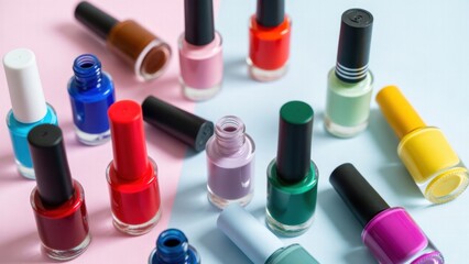 Obraz premium Assorted colorful nail polish bottles on pastel backgrounds.
