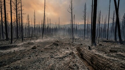 Fototapeta na wymiar Devastated forest landscape after a wildfire with smoke and ash covering the ground. Photo about forest fires